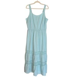J. Jill Crochet Linen Tiered Midi Dress Sky Blue Large NWT Beach Coastal Boho